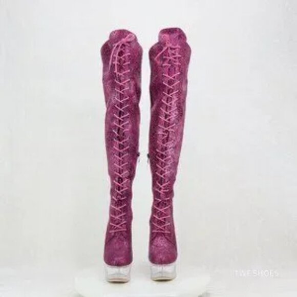 Bulls Fuchsia Purple Leopard Glitter OTK High Clear Platform Boots - Picture 5 of 7